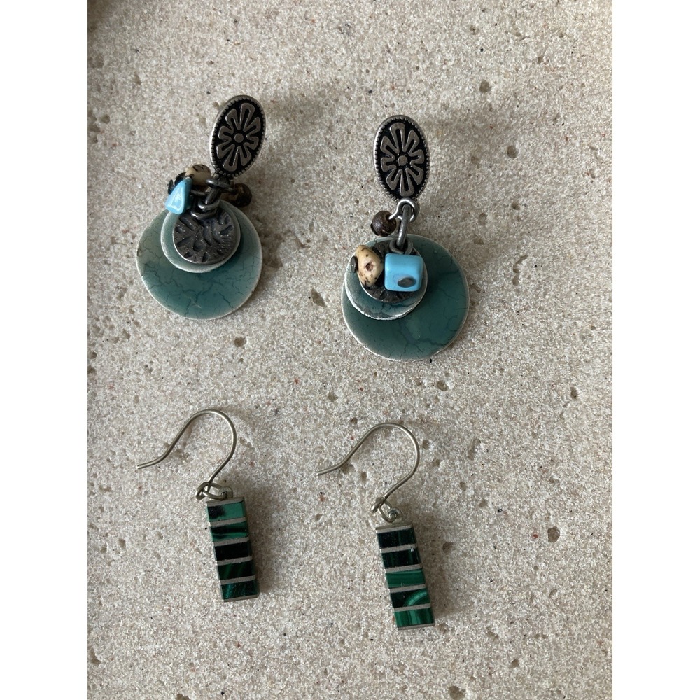 Eclectic Boho Earrings Set Green Stone Style Disc Rectangle Dangle Artsy Artisan